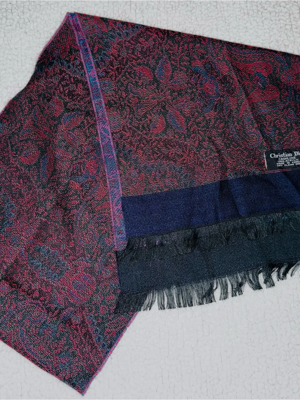 Vintage Christian Dior Navy Blue & Burgundy Jacquard Scarf